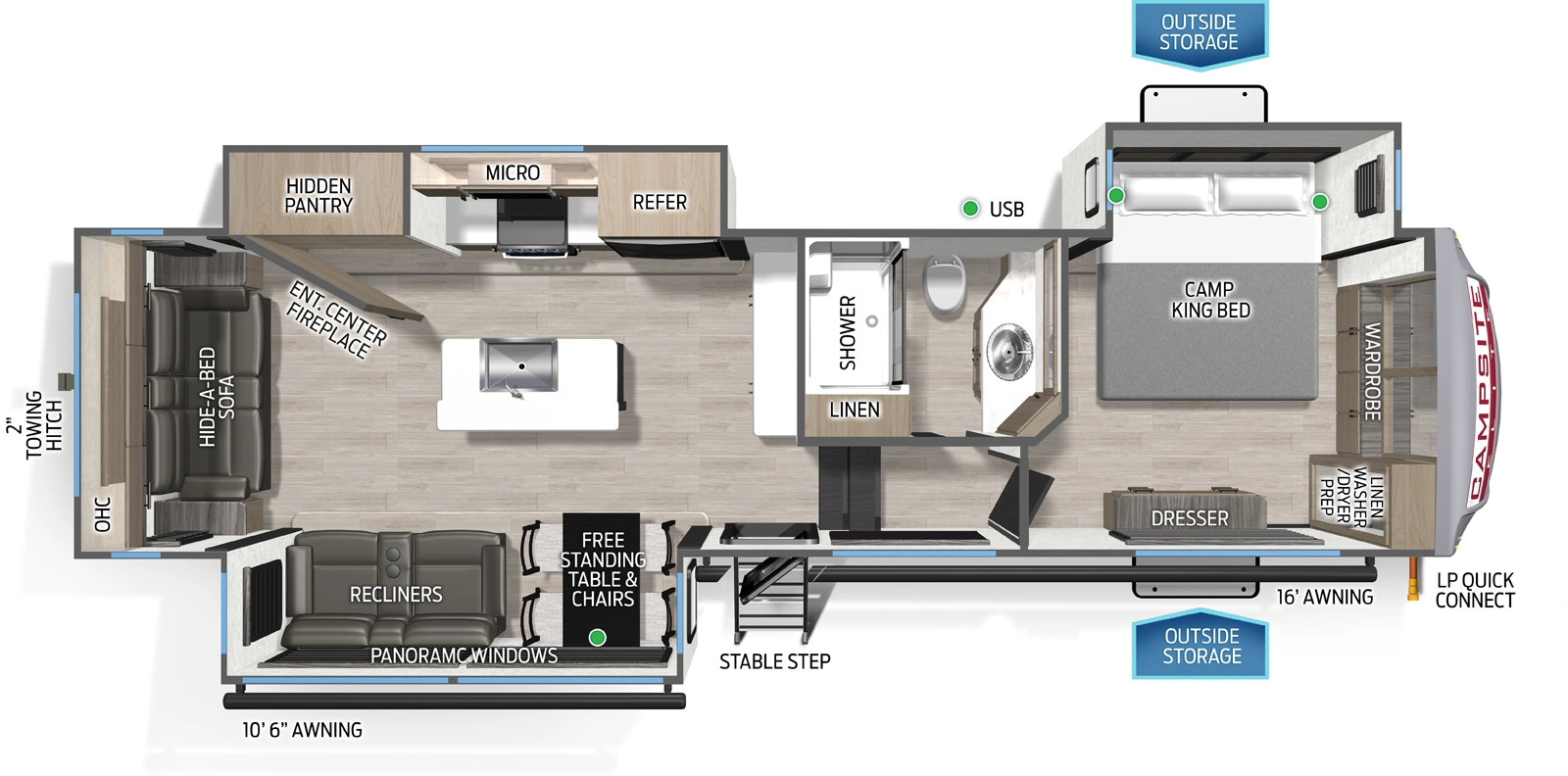 The Campsite Elite 32BAM floorplan has one entry and three slide outs. Exterior features include: metal exterior and 10'6" & 16' awning. Interiors features include: kitchen island, free-standing dinette option, front bedroom and rear living.